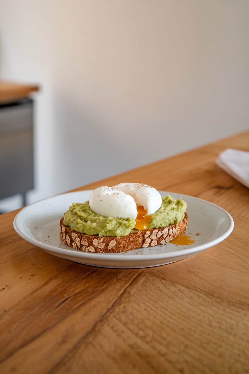 Photo of an indoor wooden counter displaying whole-grain toast spread with mashed avocado and topped by a softly poached egg, yolk just beginning to run, no text or logos