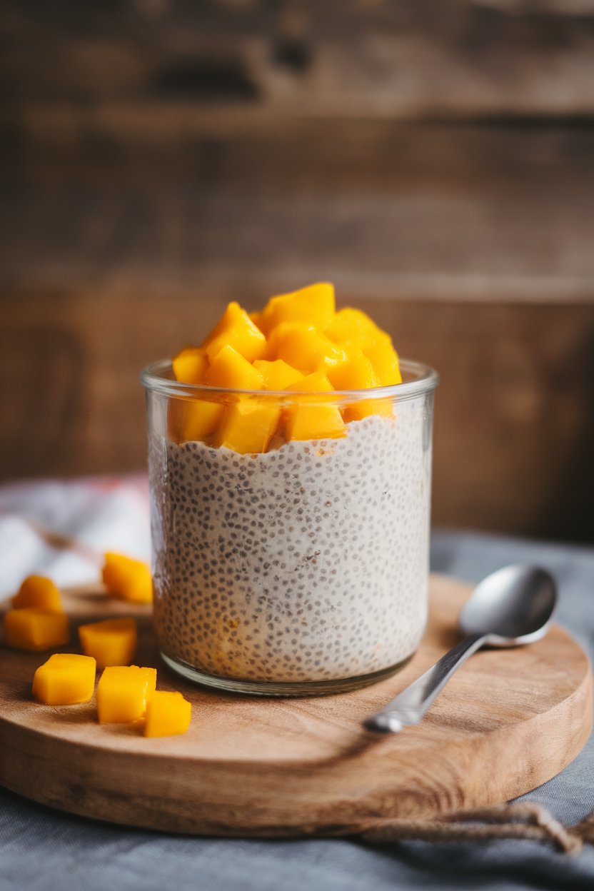 An indoor breakfast nook scene with a clear glass jar layered with speckled chia pudding and bright mango cubes on top; a spoon rests nearby. No text or logos in sight; photo, not illustration.
