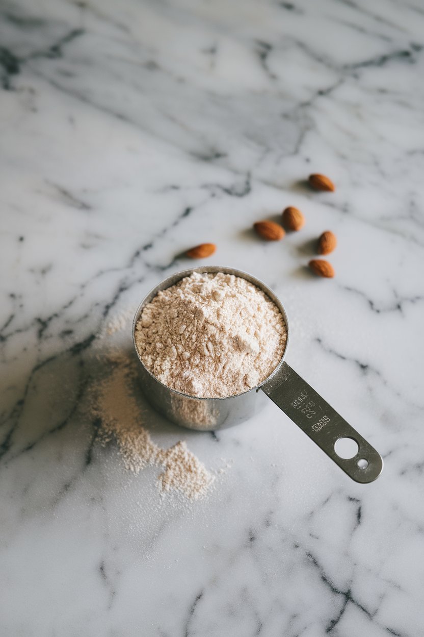 Indoor photo of a measuring cup heaped with almond flour on a marble countertop, a few scattered almonds nearby, no text or logos