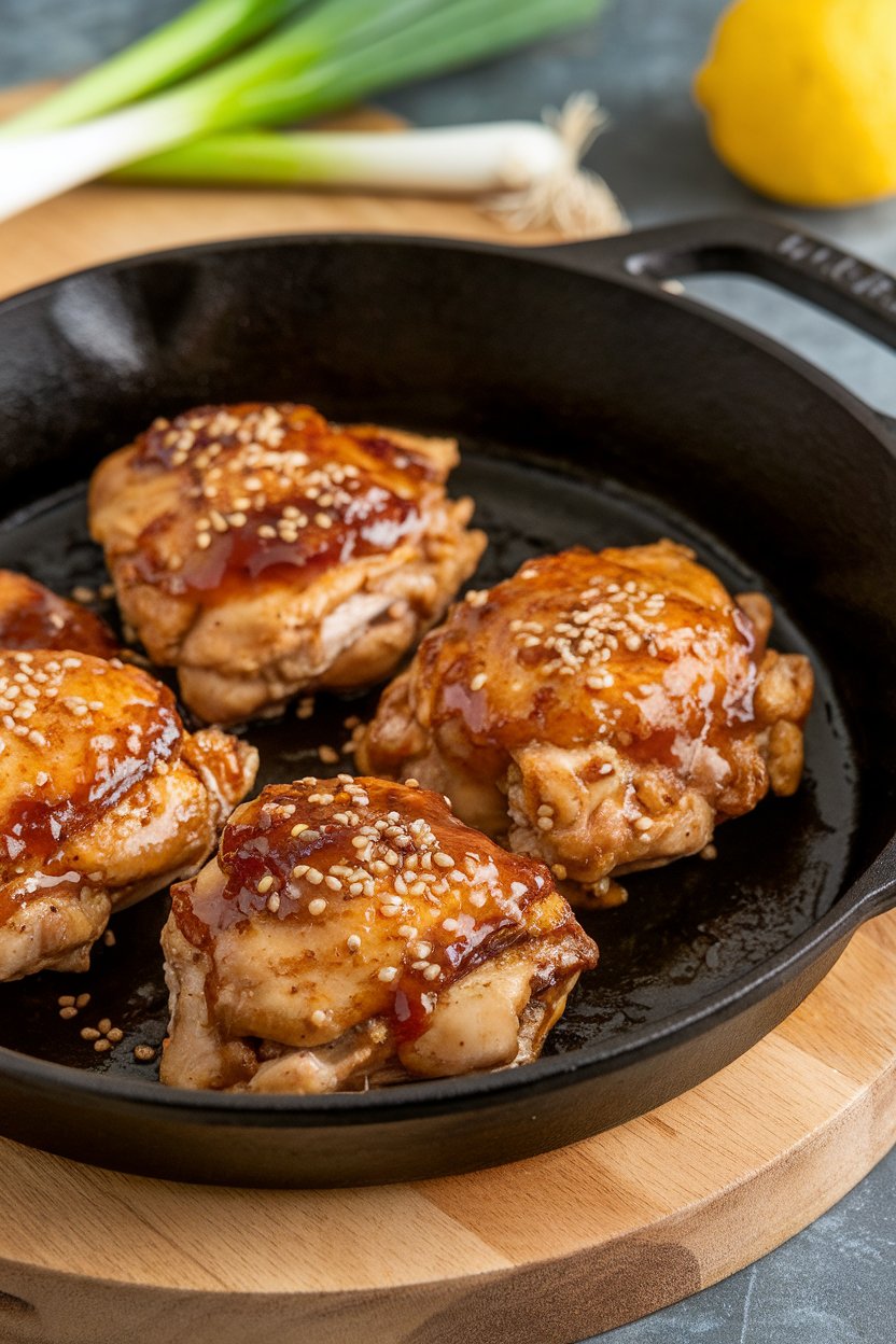 Indoor cast-iron skillet with browned chicken thighs coated in sticky honey-garlic glaze, sprinkle of sesame seeds. No text or logos.