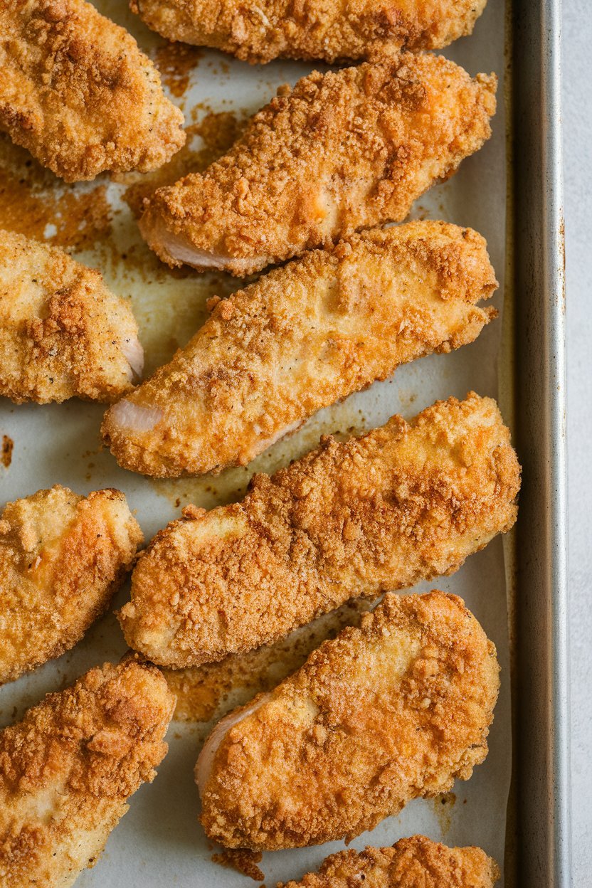 Indoor photo of a baking sheet lined with crispy oven-baked chicken tenders, light breadcrumb coating golden, no text or logos