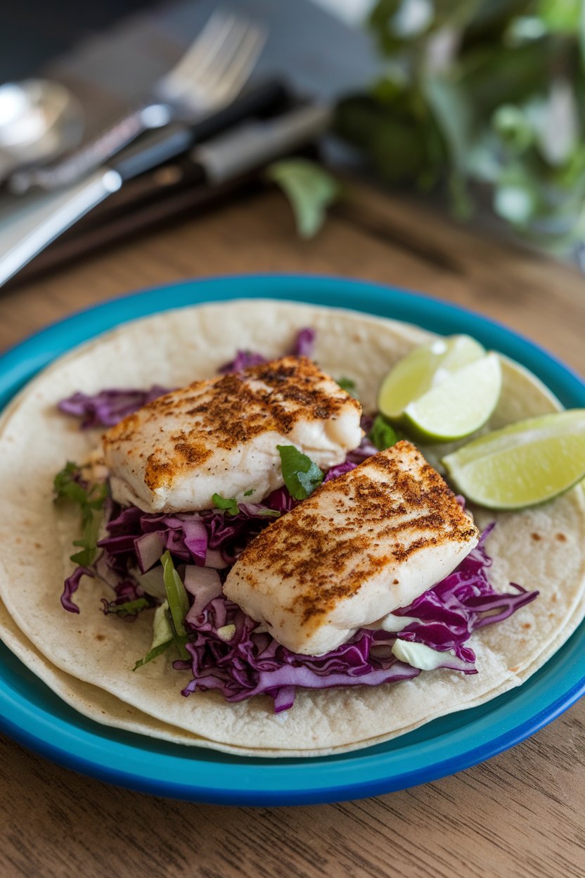 Indoor plate with soft corn tortillas holding cooked blackened white fish, purple cabbage slaw, and lime wedges. No logos or text.
