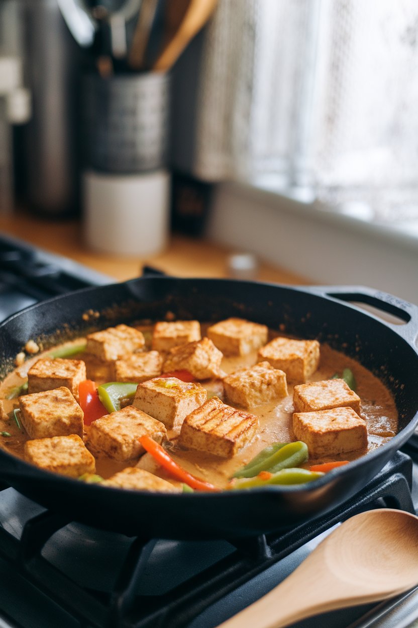 Indoor stovetop with a skillet of golden seared tofu cubes simmering in a creamy peanut-coconut curry sauce dotted with bell peppers. Photo, no text or logos.