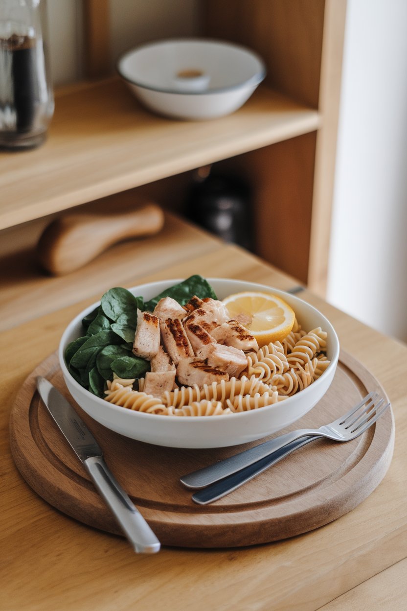 An indoor dining table with a bowl of whole-wheat pasta, diced grilled chicken, spinach, and a light lemon herb dressing, no text or logos.