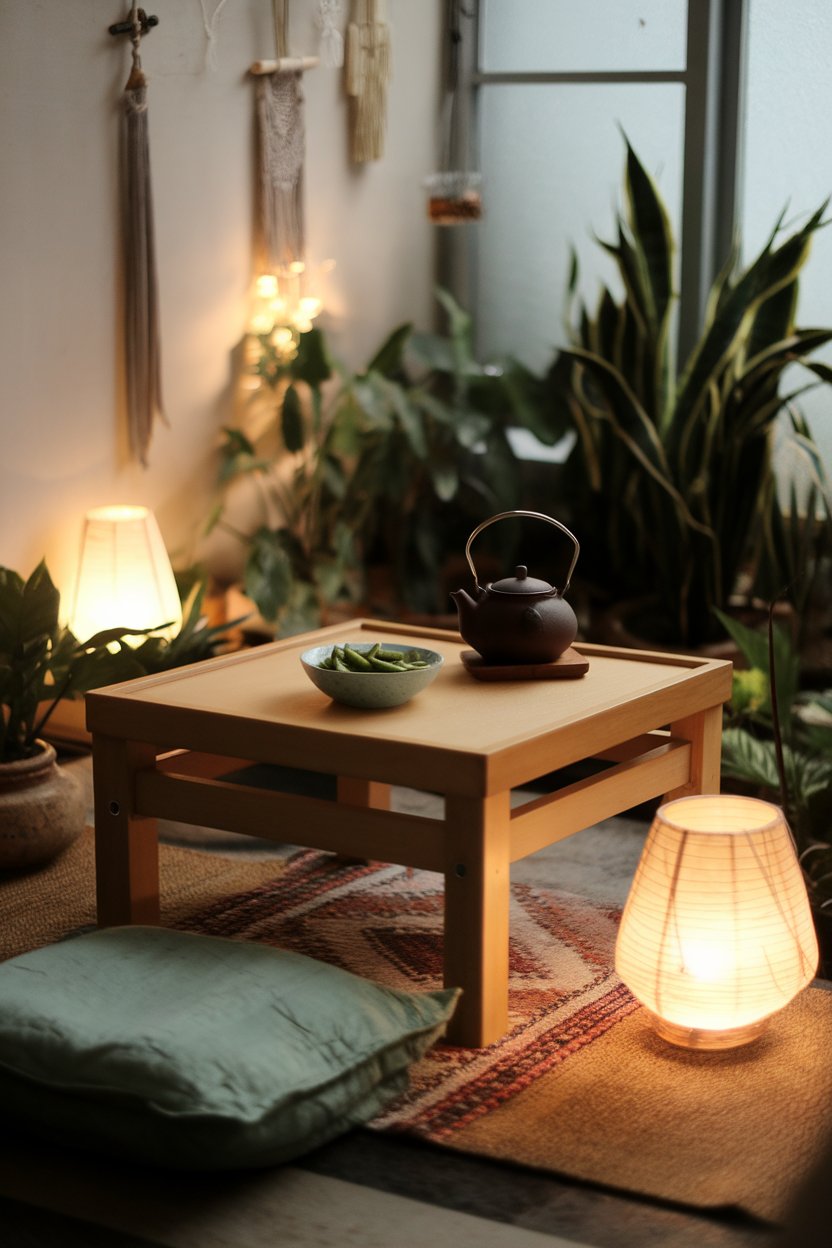 Photo of an indoor meditation corner with a small bowl of edamame and a teapot on a low wooden table; soft lantern light; no text or logos.