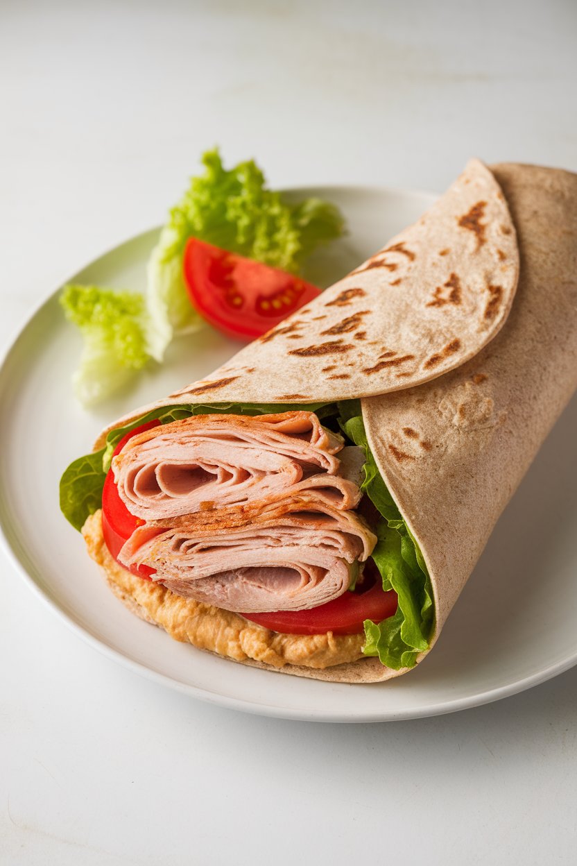 Photo of an indoor lunch plate with a sliced turkey and hummus wrap showing layers of lettuce, tomato, and turkey in a whole-wheat tortilla, no text or logos
