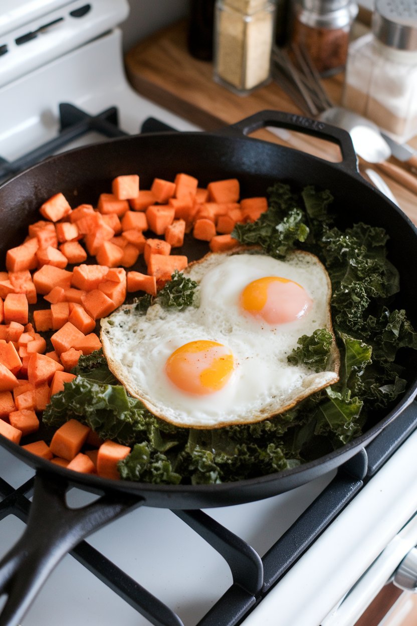 A skillet on an indoor stove containing diced sweet potato, wilted kale, and sunny-side eggs nestled on top. No text or logos. Photo.