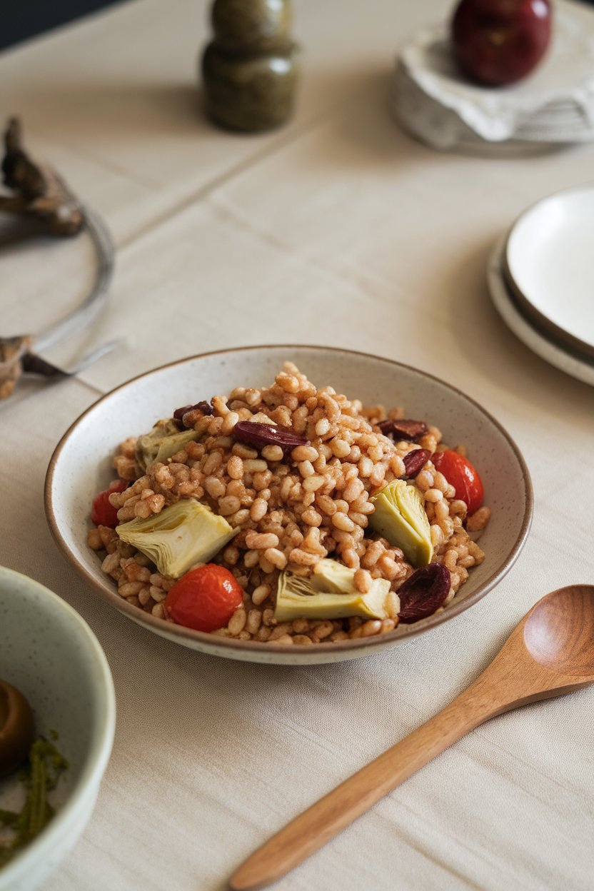 Photo of farro grains mixed with marinated artichoke hearts, cherry tomatoes, and olives on an indoor table, no text or logos.