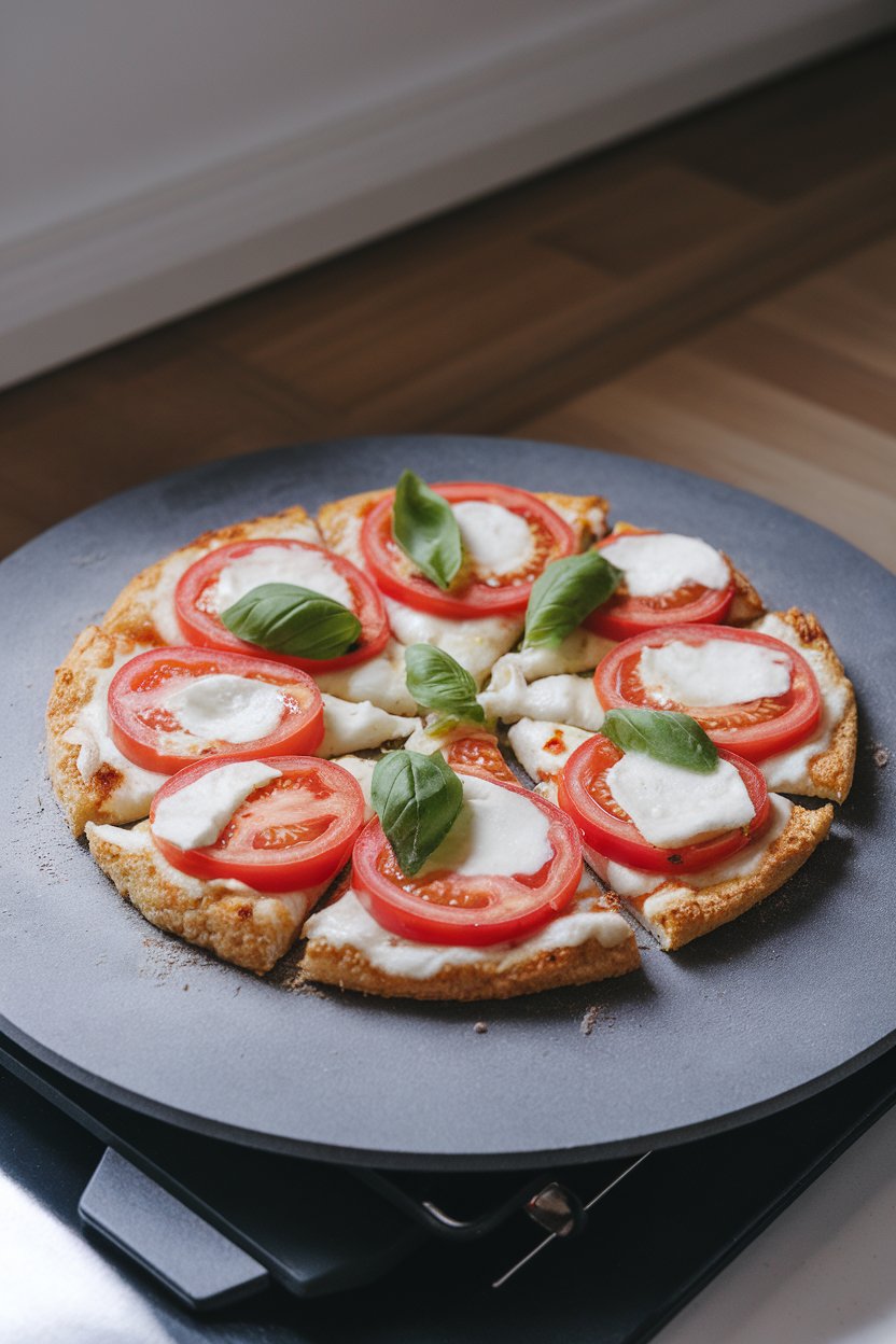 Photo of an indoor pizza stone holding a cauliflower-crust pizza topped with tomato slices, mozzarella, and basil leaves, no text or logos