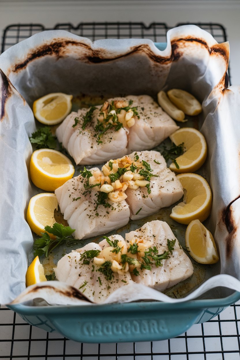 Photo of a parchment-lined baking dish indoors with cooked cod fillets topped with minced garlic, parsley, and lemon slices. No text or logos.