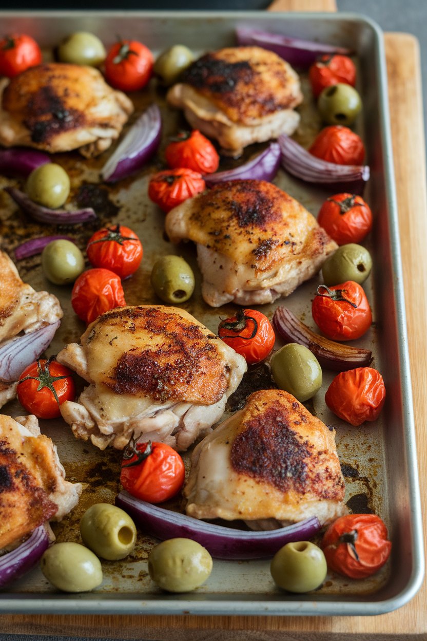 Indoor sheet pan filled with roasted chicken thighs, cherry tomatoes, olives, and red onion wedges. No text or logos; photo.