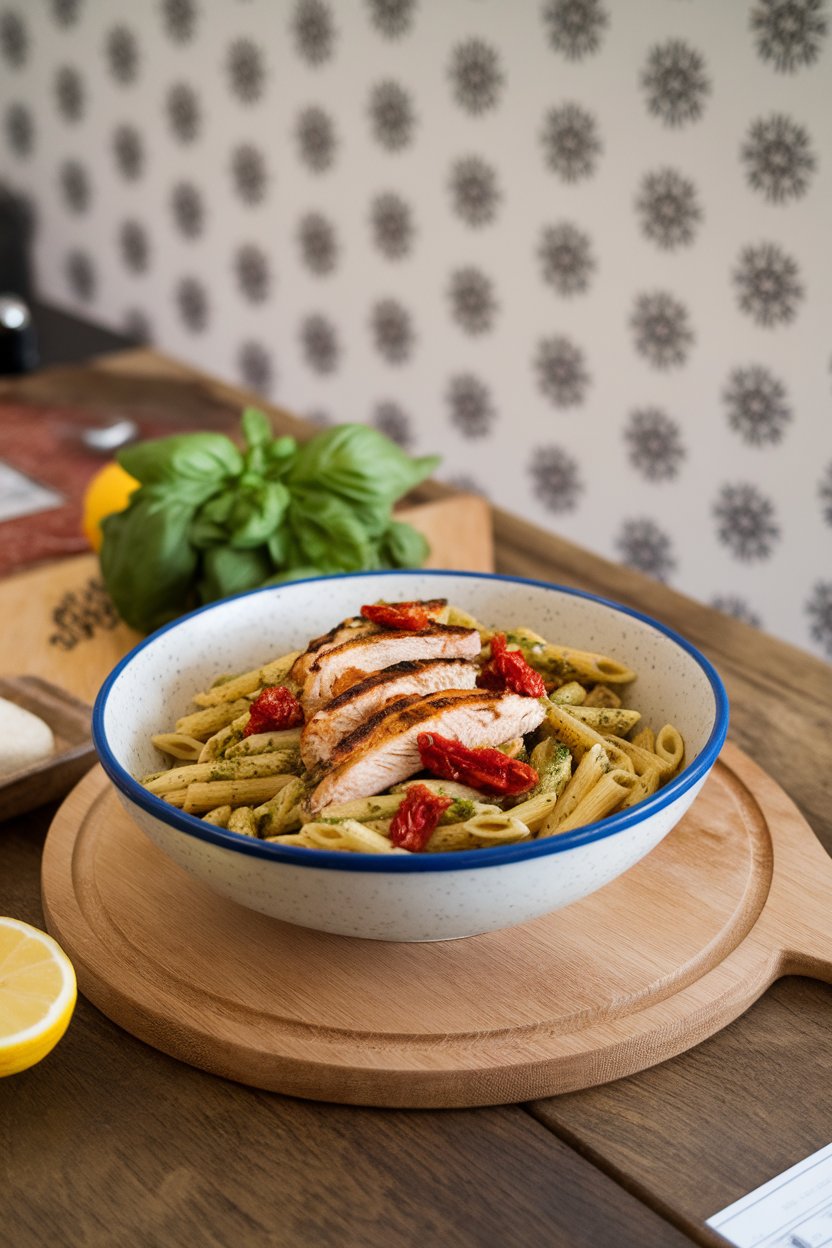 Indoor dining table with a bowl of whole-wheat penne tossed in basil pesto, grilled chicken strips, and chopped sun-dried tomatoes. Photo, no text or logos present.