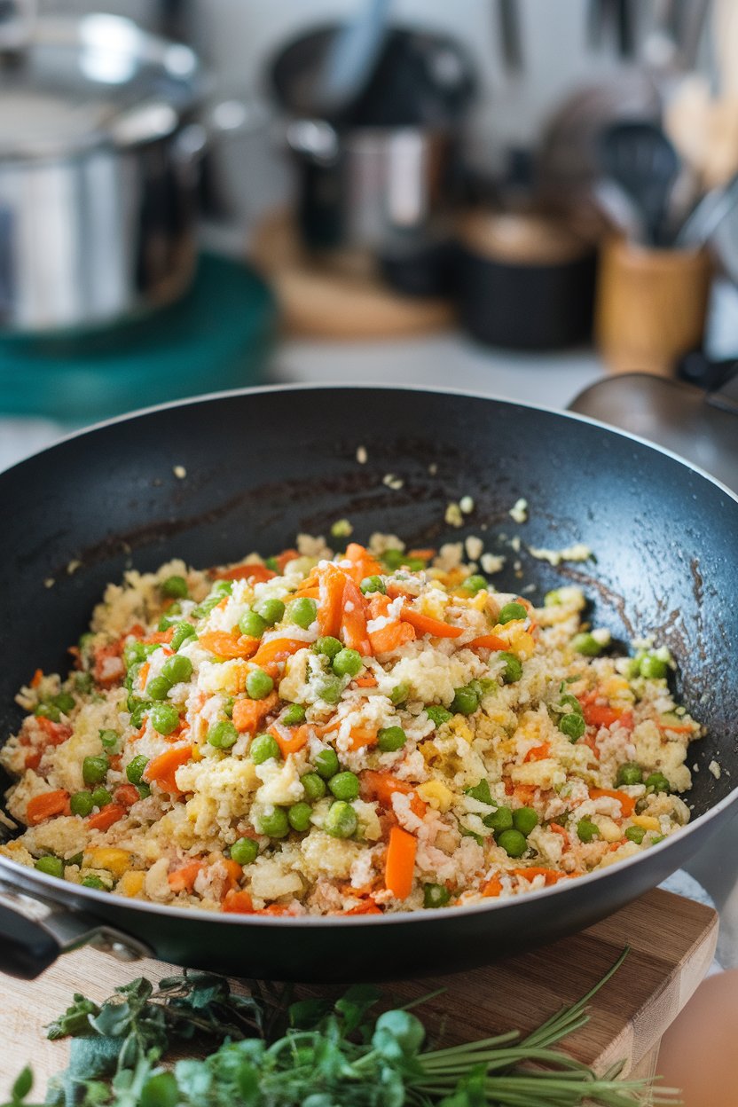 Indoor wok full of colorful cauliflower rice tossed with peas, carrots, and scrambled eggs, soy sauce sheen visible. Photo only, no text or logos.