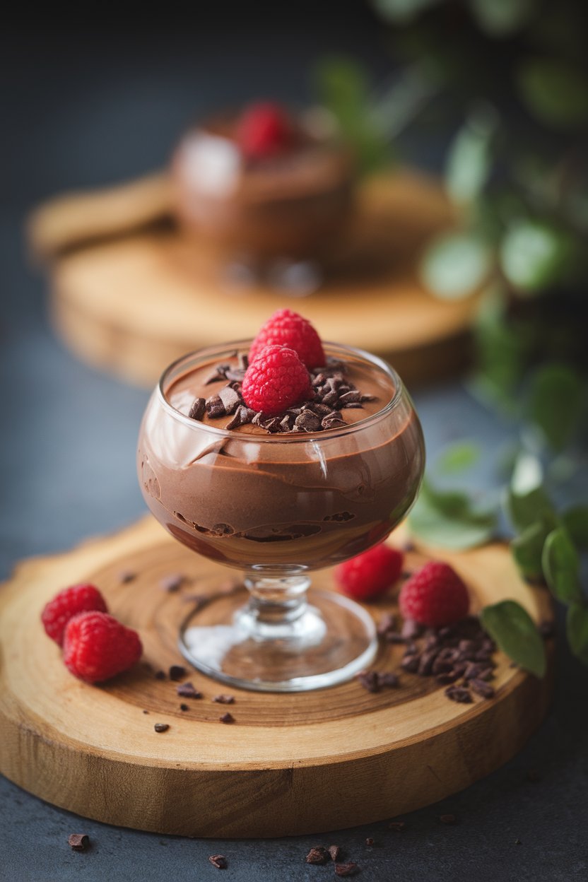 Glass dessert cup indoors filled with silky dark chocolate mousse topped with cacao nibs. No text or logos.