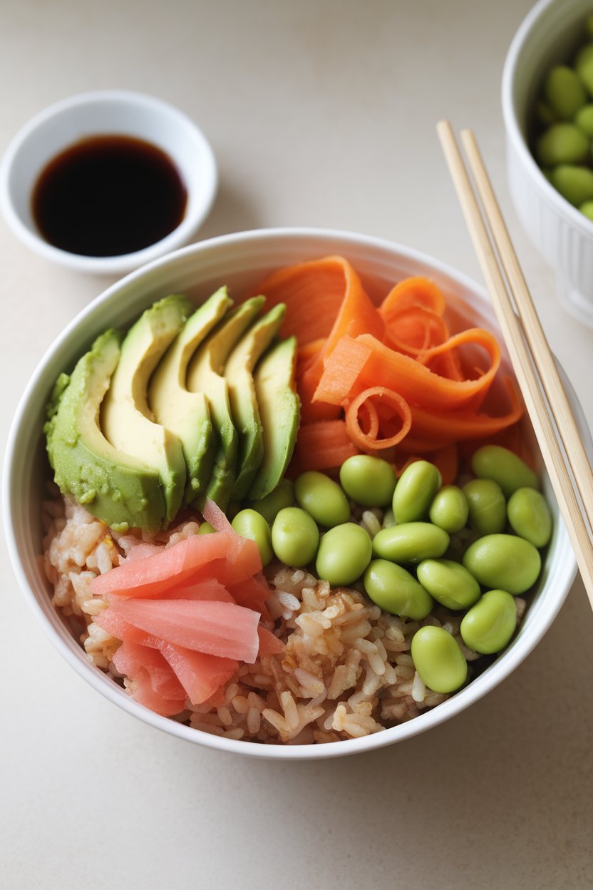 Indoor photo of a shallow ceramic bowl layered with brown rice, sliced avocado, carrot ribbons, edamame, pickled ginger, and drizzles of soy sauce. Chopsticks rest on the rim; no text or logos.