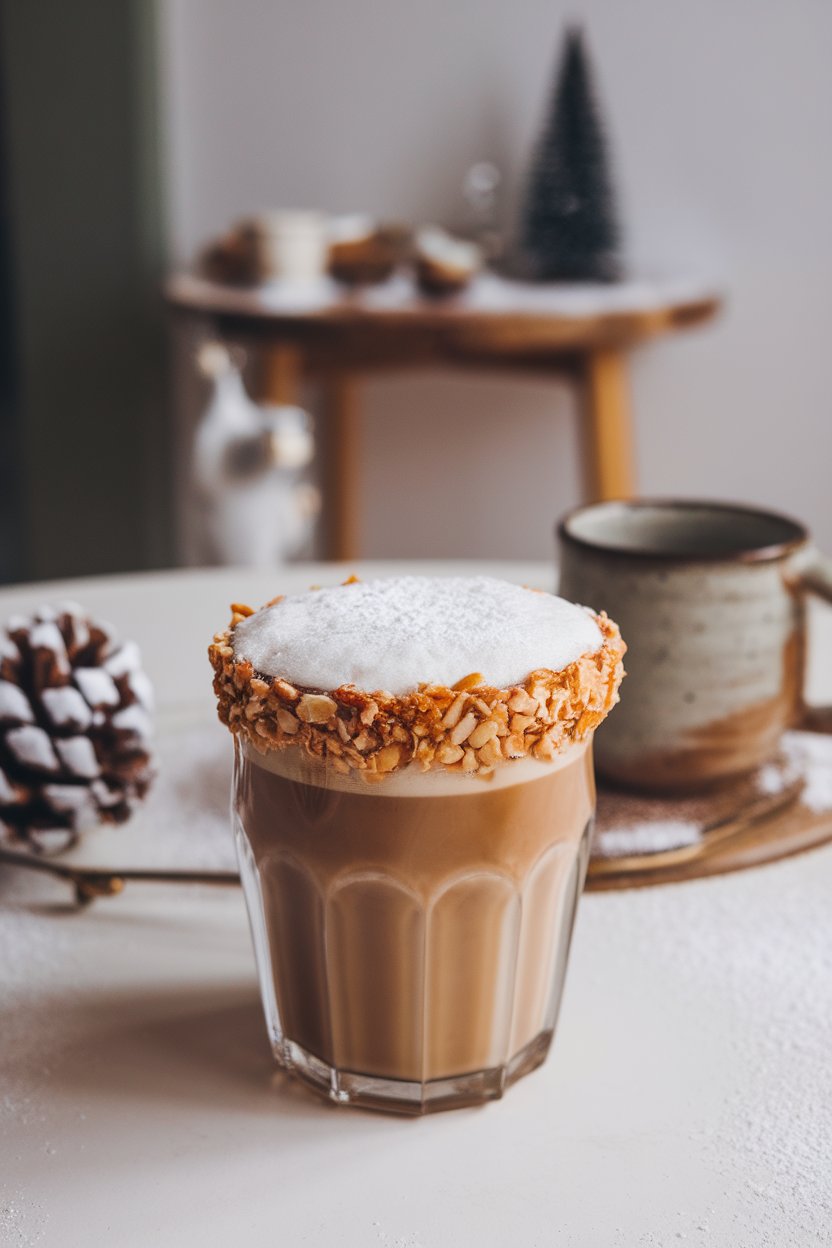 Indoor wintery scene showing a latte glass coated on the rim with crushed candied almonds, creamy coffee inside, and a light dusting of powdered sugar on foam. No text or logos. Photo, not illustration.