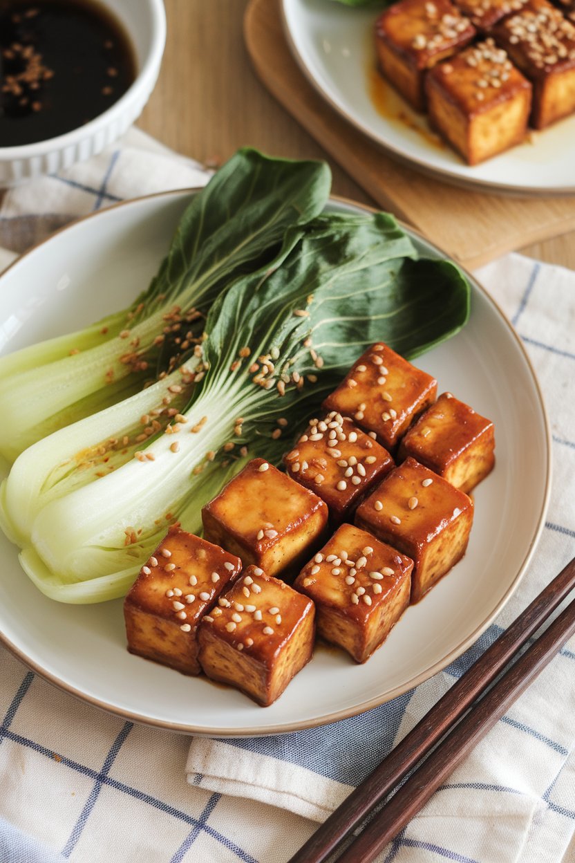 Indoor photo of glazed tofu cubes beside steamed bok choy on a white plate, sesame sprinkle, no text or logos.