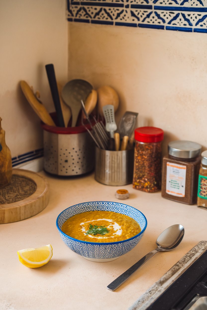 Indoor Middle Eastern kitchen counter with a bowl of yellow lentil soup, lemon wedge on side. No text or logos. Photo.