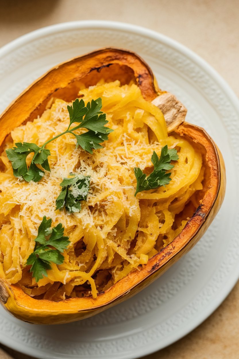Photo prompt: Indoor plate with roasted spaghetti squash strands tossed in garlic, olive oil, and grated Parmesan, garnished with parsley. No text or logos.
