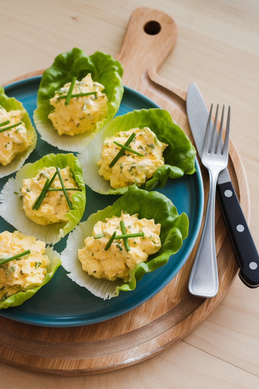 Indoor plate of butter-lettuce cups filled with creamy avocado egg salad sprinkled with chives; bright countertop light; photo, no text or logos.