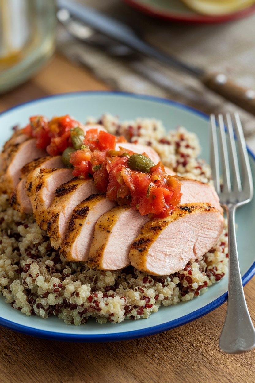 Indoor plate of sliced grilled chicken breast topped with chunky tomato-olive relish, served with quinoa. No logos.