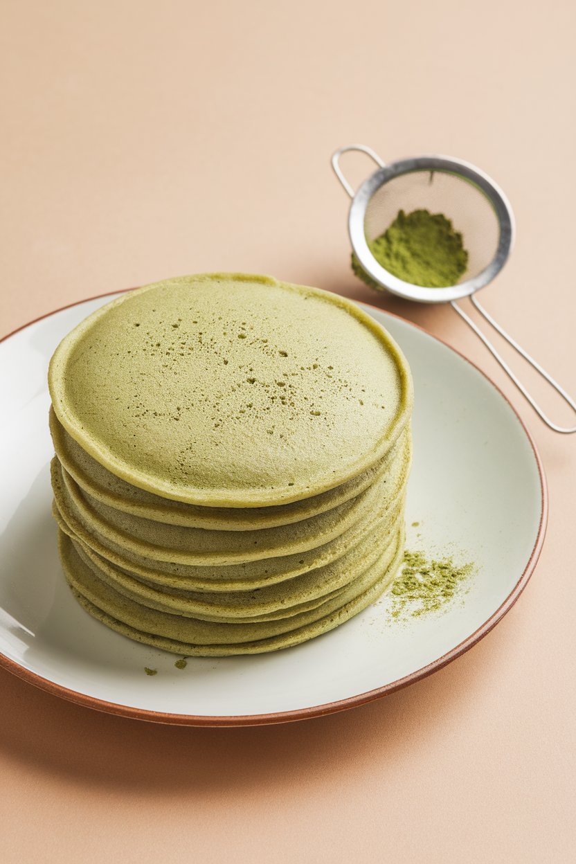 Indoor scene with pale-green matcha pancakes stacked neatly, a tiny sieve of matcha powder beside the plate, no text or logos.