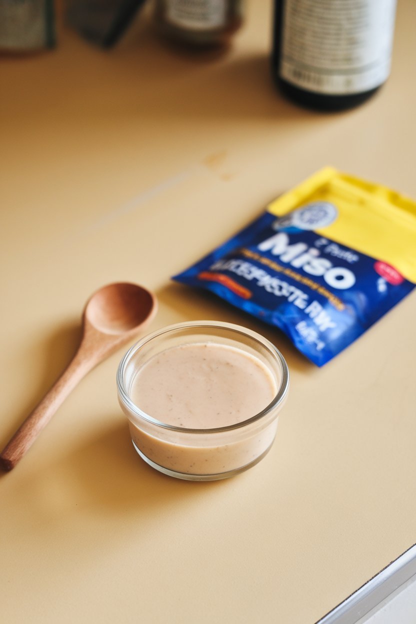 Indoor countertop featuring a small glass bowl of pale miso lemon dressing with a wooden spoon and miso paste packet turned away. Photo, not illustration. No text or logos.