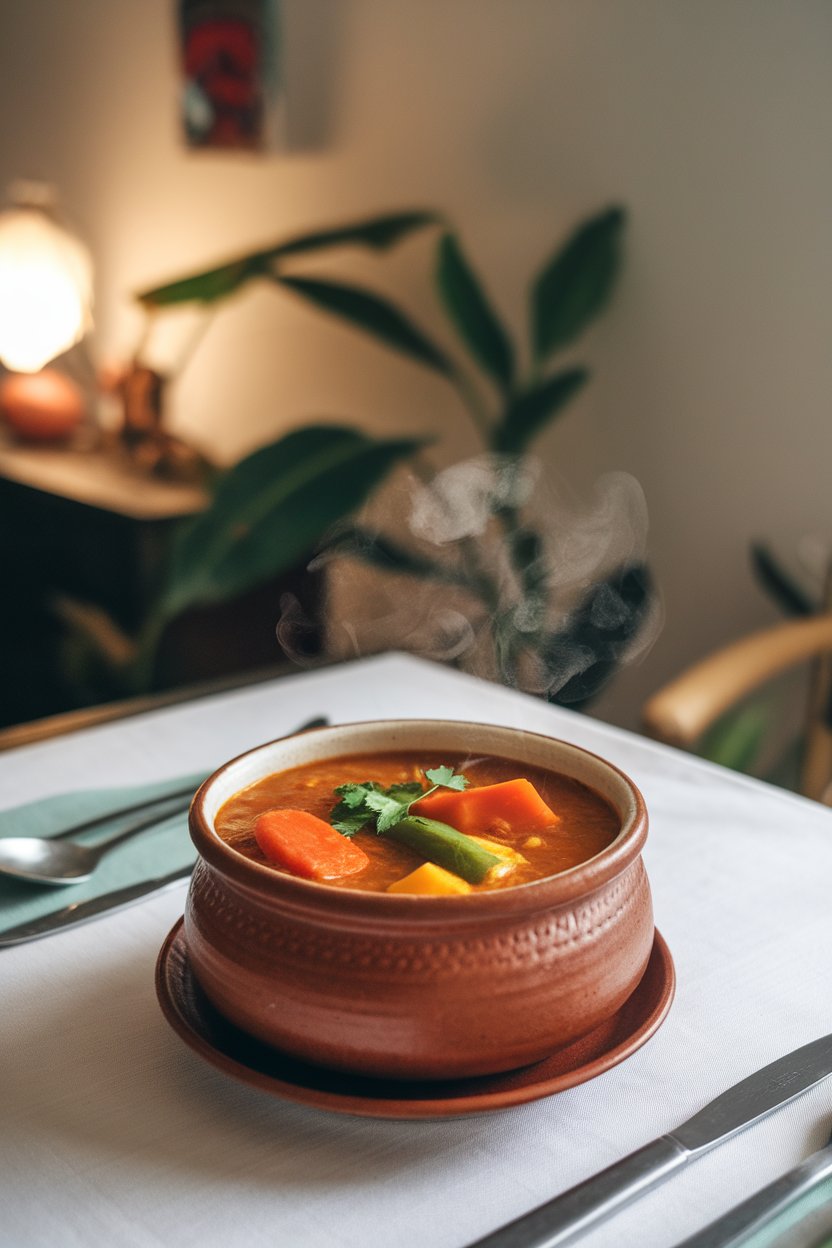 A ceramic bowl of steaming sambar set on an indoor dining table, colorful chunks of carrot, drumstick, and pumpkin visible in a reddish lentil broth, a sprig of fresh coriander on top. No text or logos. Photo, not illustration.
