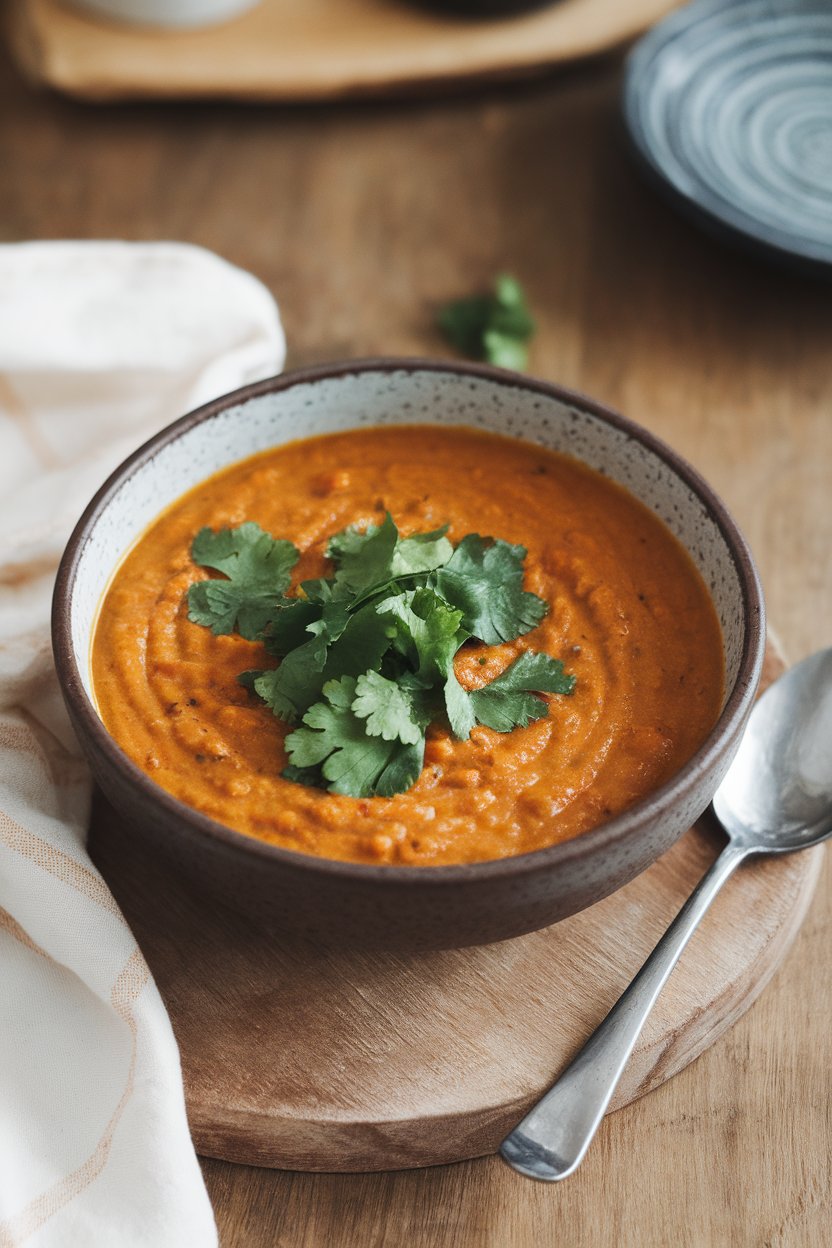 A bowl of thick cooked red lentil coconut curry soup on an indoor table, topped with fresh cilantro. No text or logos in frame.