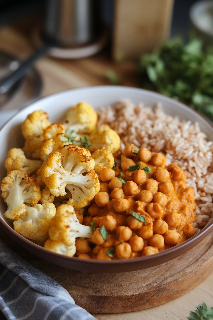 Indoor bowl of golden roasted cauliflower florets, curried chickpeas in coconut sauce, and brown basmati rice. No text or logos.