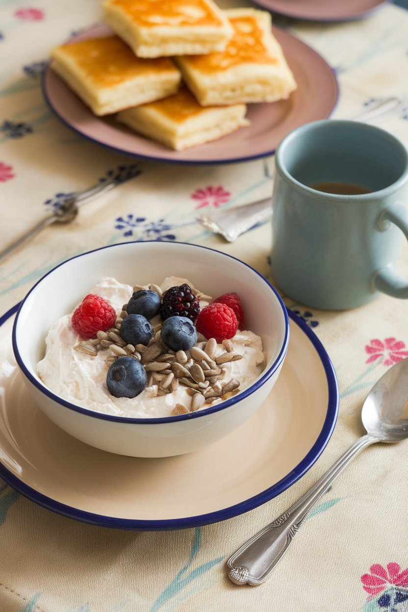 Indoor breakfast table with a white bowl holding cottage cheese topped with assorted berries and a sprinkle of sunflower seeds. No text or logos; photo.
