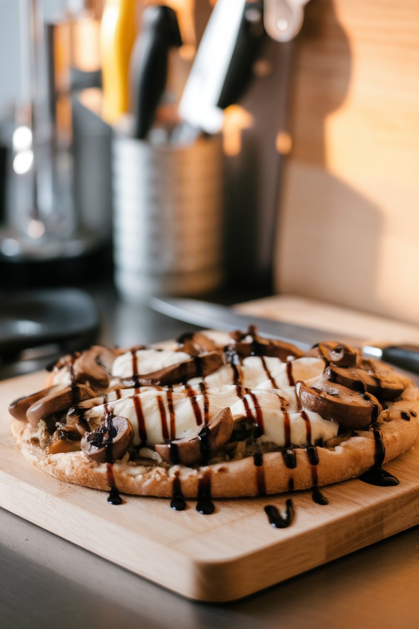Photo of a cutting board on an indoor counter featuring a cooked flatbread topped with sautéed mushrooms, melted mozzarella, and a balsamic drizzle; no text or logos