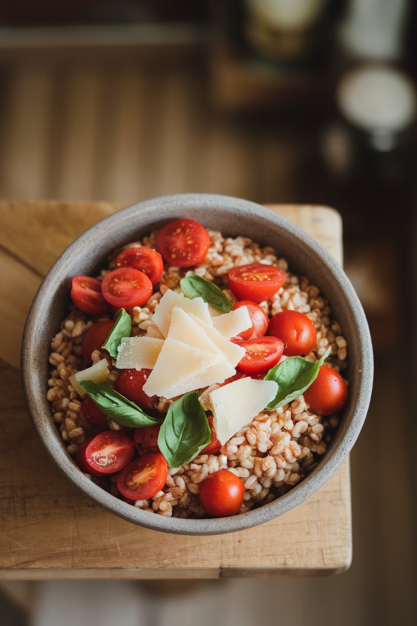 Overhead indoor shot of a stoneware bowl filled with cooked farro, halved cherry tomatoes, torn basil, and shaved Parmesan. No text or logos.
