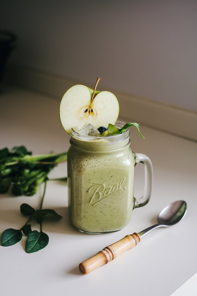 A photo of an indoor countertop displaying a thick green smoothie in a mason jar, topped with a slice of green apple; no text or logos.