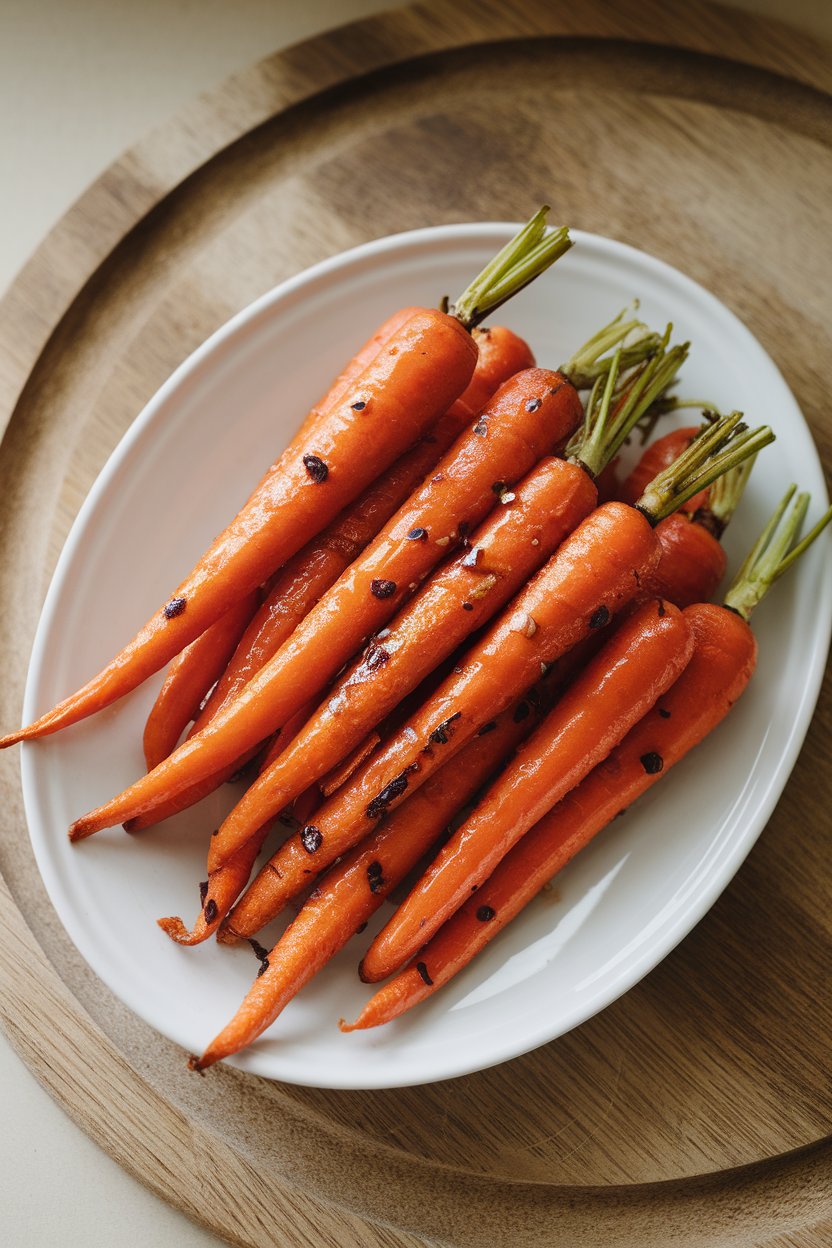 Glazed roasted carrot sticks with chili flakes served on an indoor white platter. No text or logos. Photo.