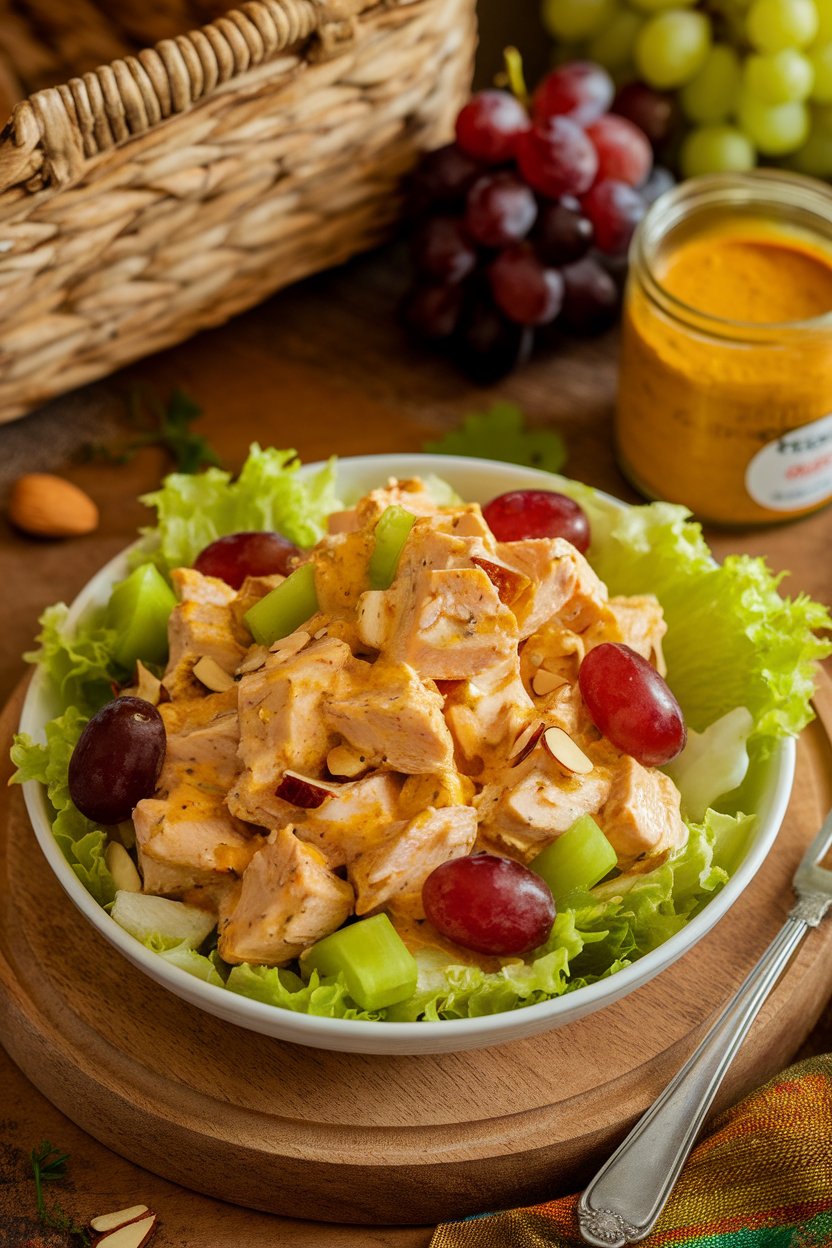 Indoor lunch scene with a plate of diced cooked chicken, halved red grapes, celery, and almonds in light yogurt curry dressing on a bed of lettuce. Photo only, no text or logos.