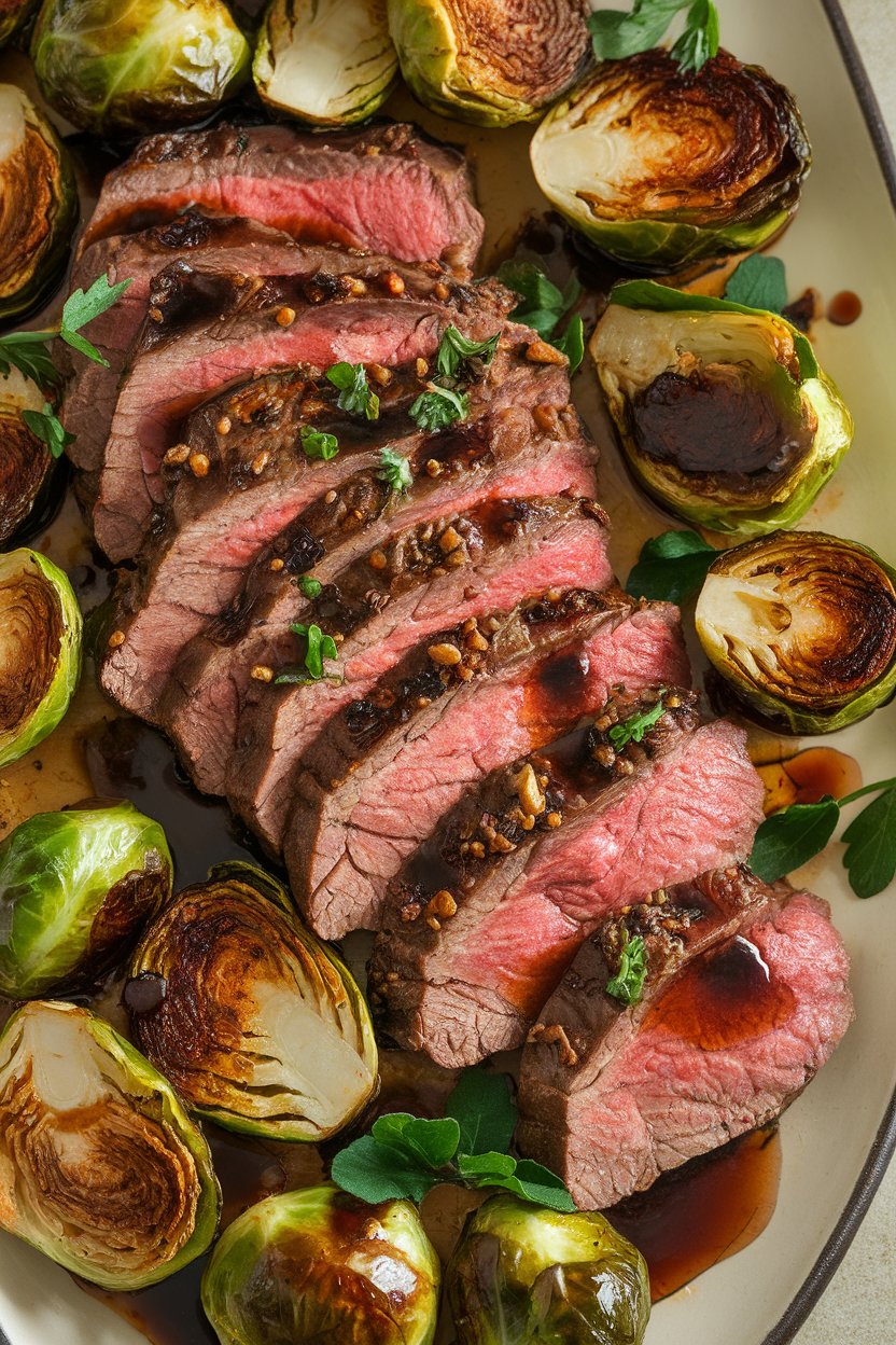 Indoor food photo of sliced lean beef and Brussels sprouts glazed with balsamic reduction on a platter; no text or logos.