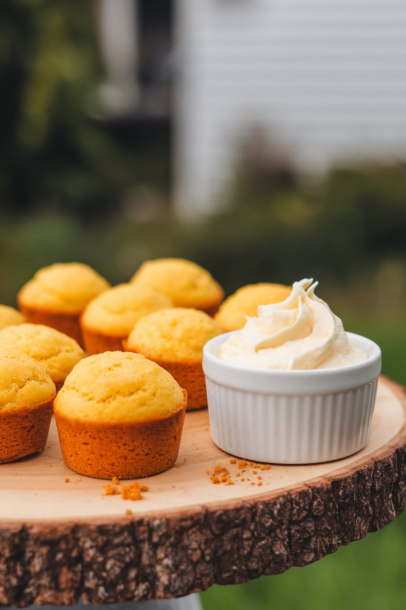 A wooden board with golden mini cornbread muffins and a small ramekin of whipped honey butter. No text or logos.