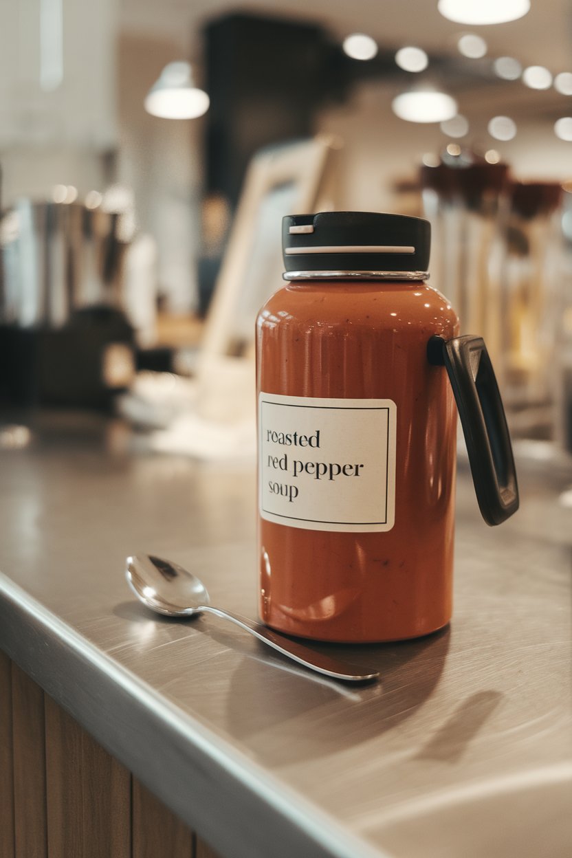 An indoor counter displaying a thermos filled with vibrant roasted red pepper soup, lid beside it and steam visible. Photo only, no branding.