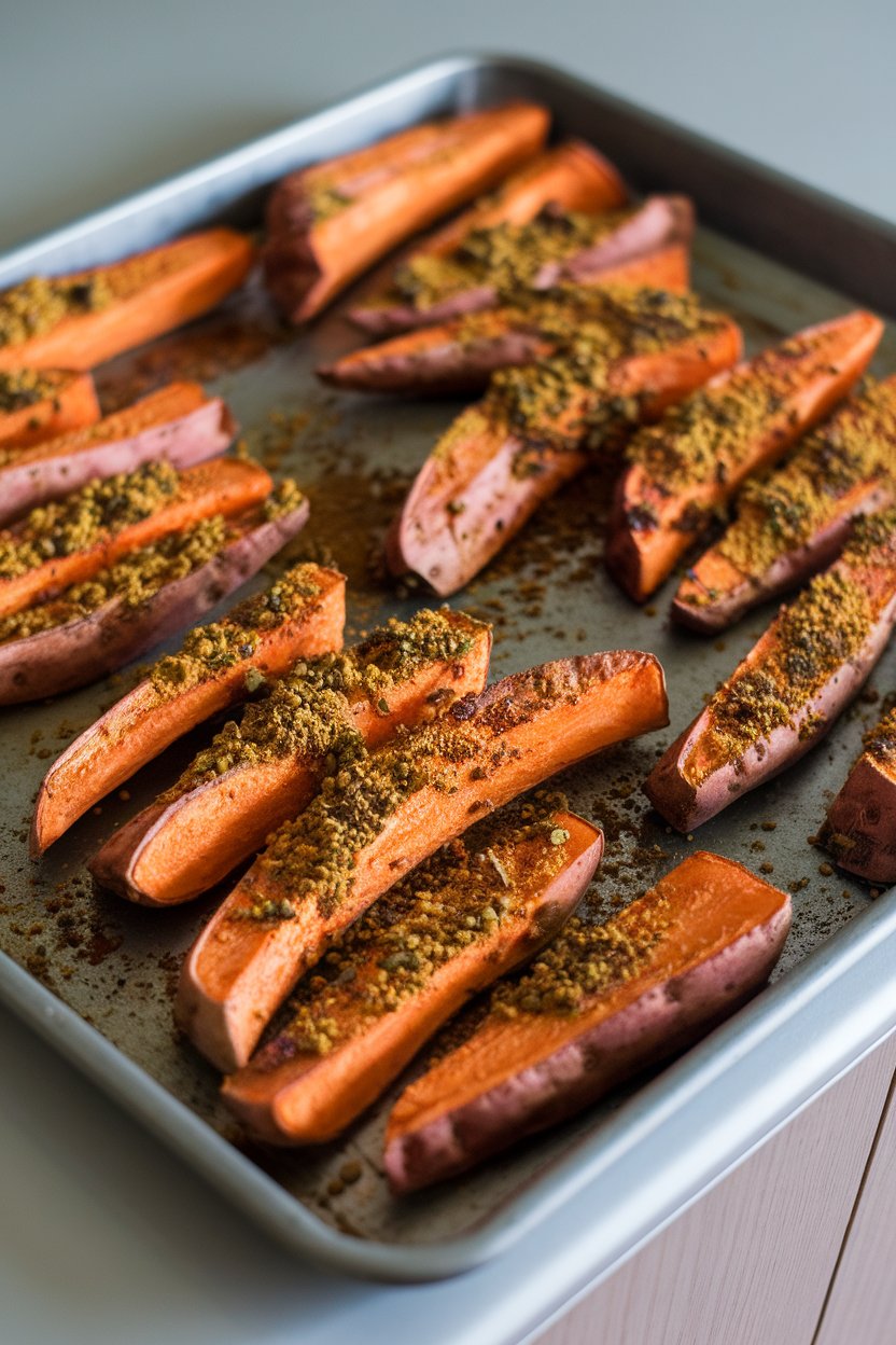 A baking tray on an indoor countertop filled with roasted sweet potato wedges dusted with Indian spices, edges caramelized. No text or logos. Photo, not illustration.