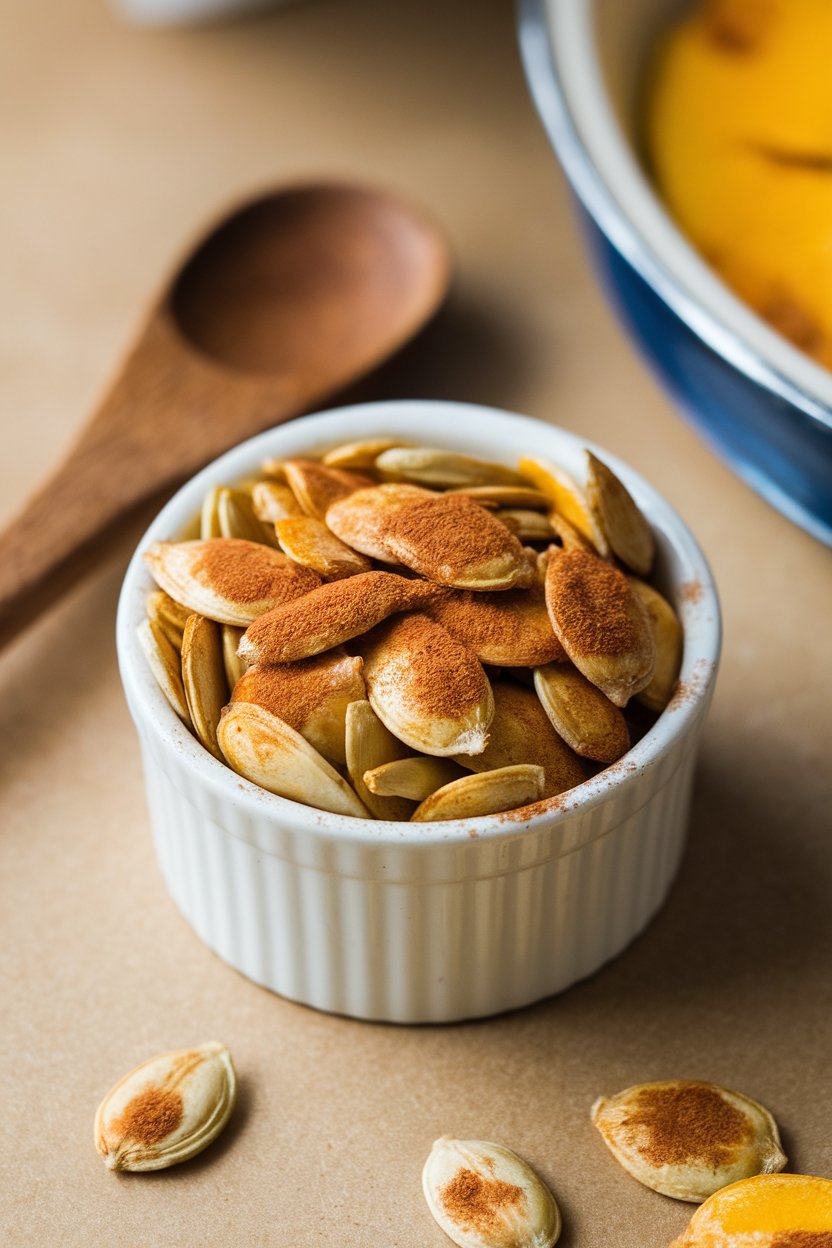 A small ramekin indoors filled with roasted squash seeds dusted with cinnamon, wooden spoon beside; no text or logos, photo only