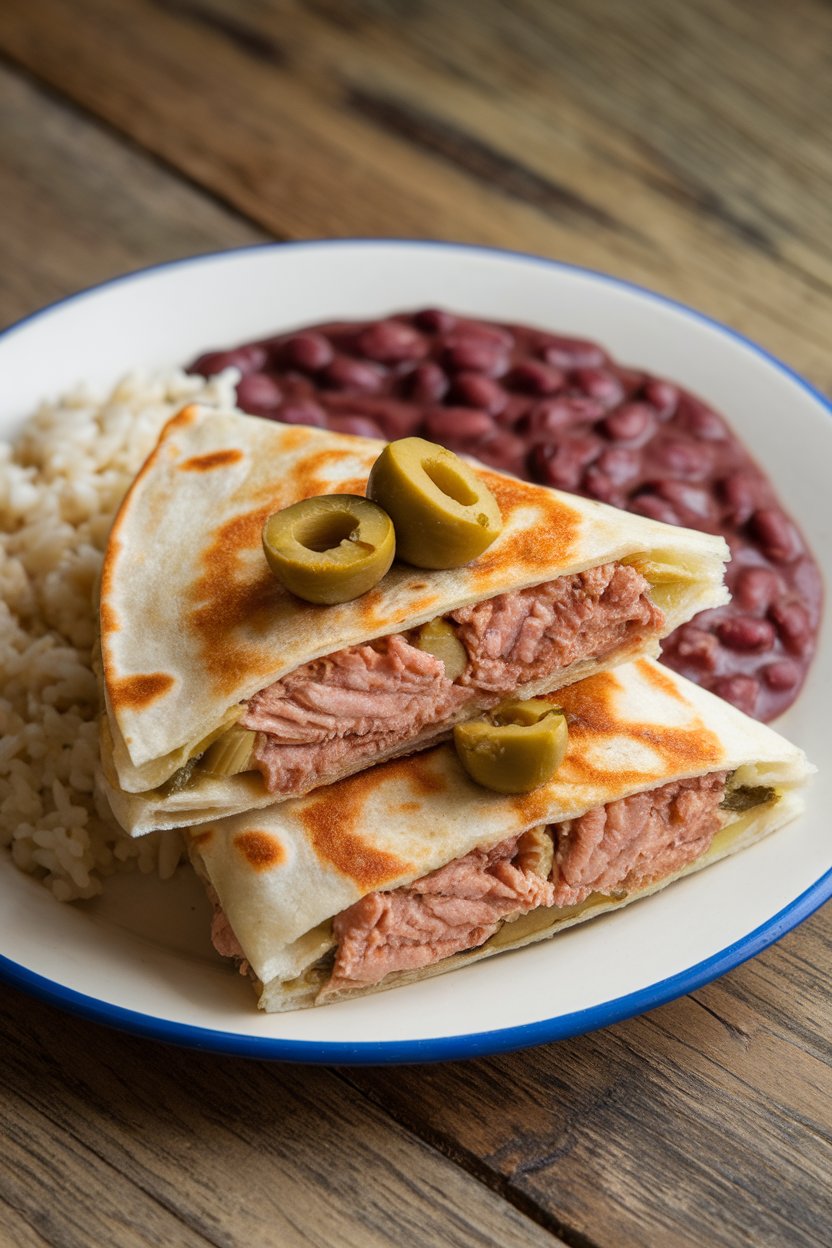 Indoor lunch plate, tuna and artichoke quesadilla cut, olives visible, photo, no text or logos.
