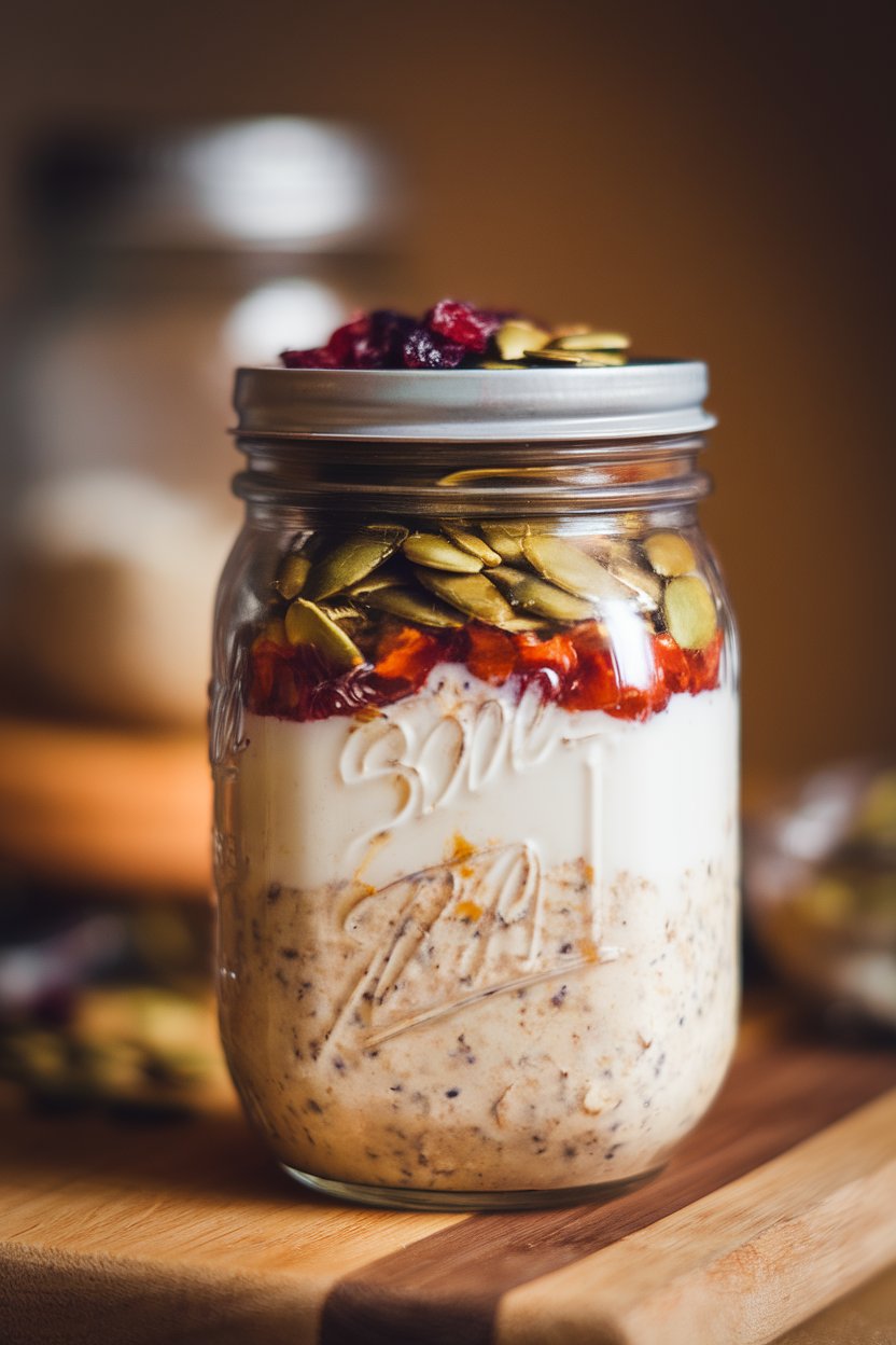 Indoor photo of a mason jar filled with overnight oats, visible pumpkin seeds and cranberries on top, side lighting, no text or logos