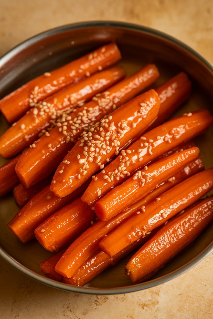 Indoor photo of glossy roasted carrot sticks coated in orange-ginger glaze, served in a shallow dish. No text or logos.