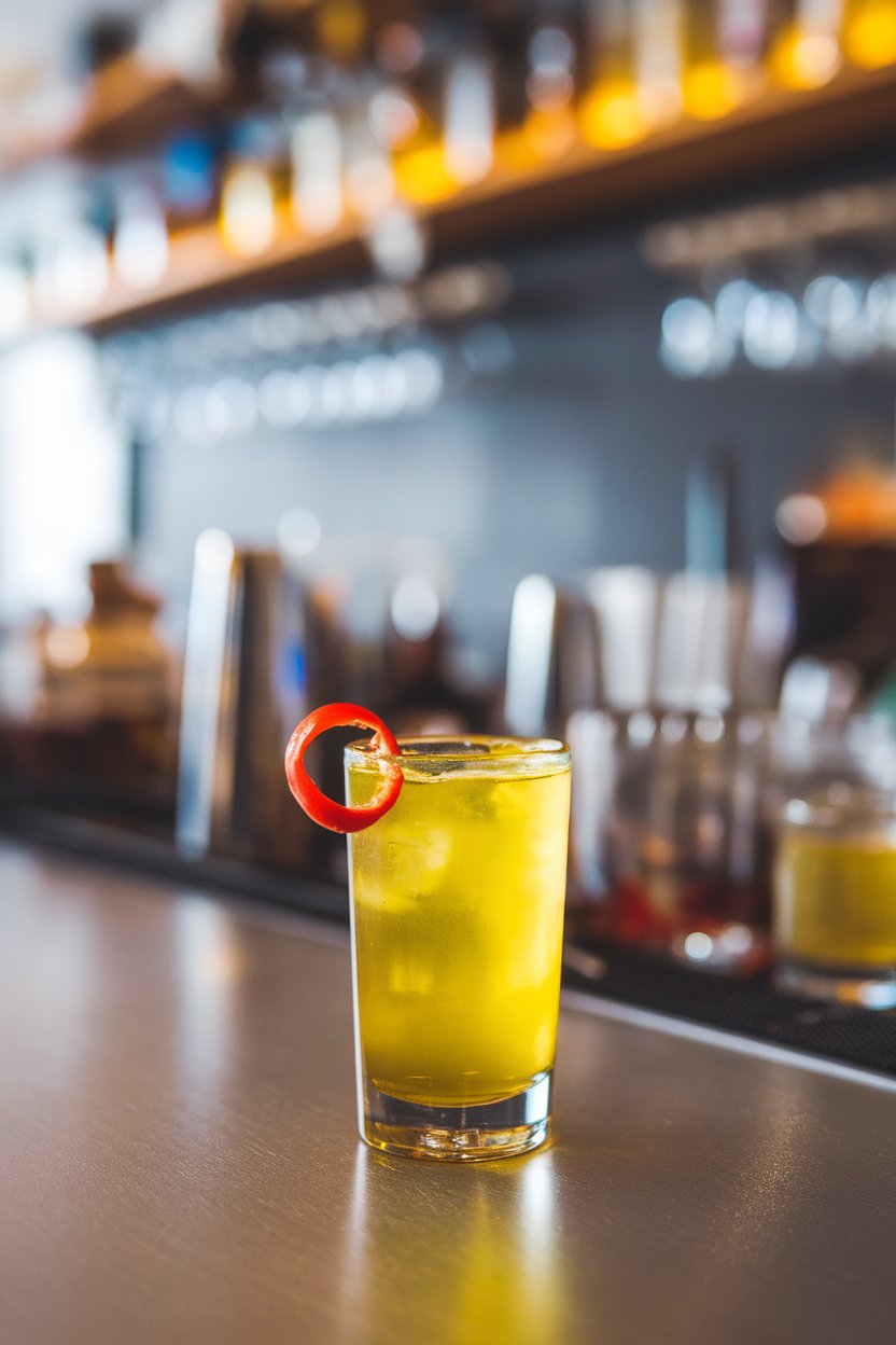 Photo of bright-yellow shots with red chili ring garnish, indoor bar; no text or logos.