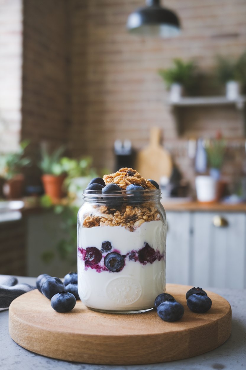 An indoor kitchen island featuring a glass jar layered with plain Greek yogurt, fresh blueberries, and a sprinkle of homemade granola on top. No text or logos.