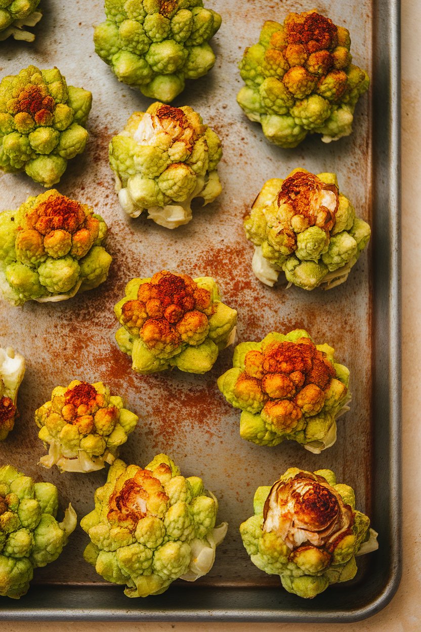 Indoor photo of vivid green romanesco florets roasted on a tray, paprika dust evident. No text or logos; photo.