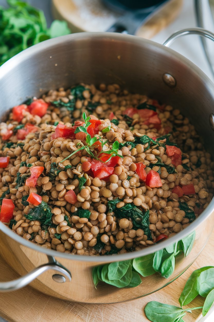 Photo of an indoor pot filled with lentil pilaf featuring diced tomatoes, spinach, and oregano, no text or logos