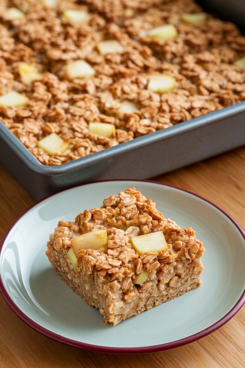 Photo prompt: Indoor baking pan with square pieces of baked oatmeal studded with apple chunks, one square on a plate. No text or logos present.