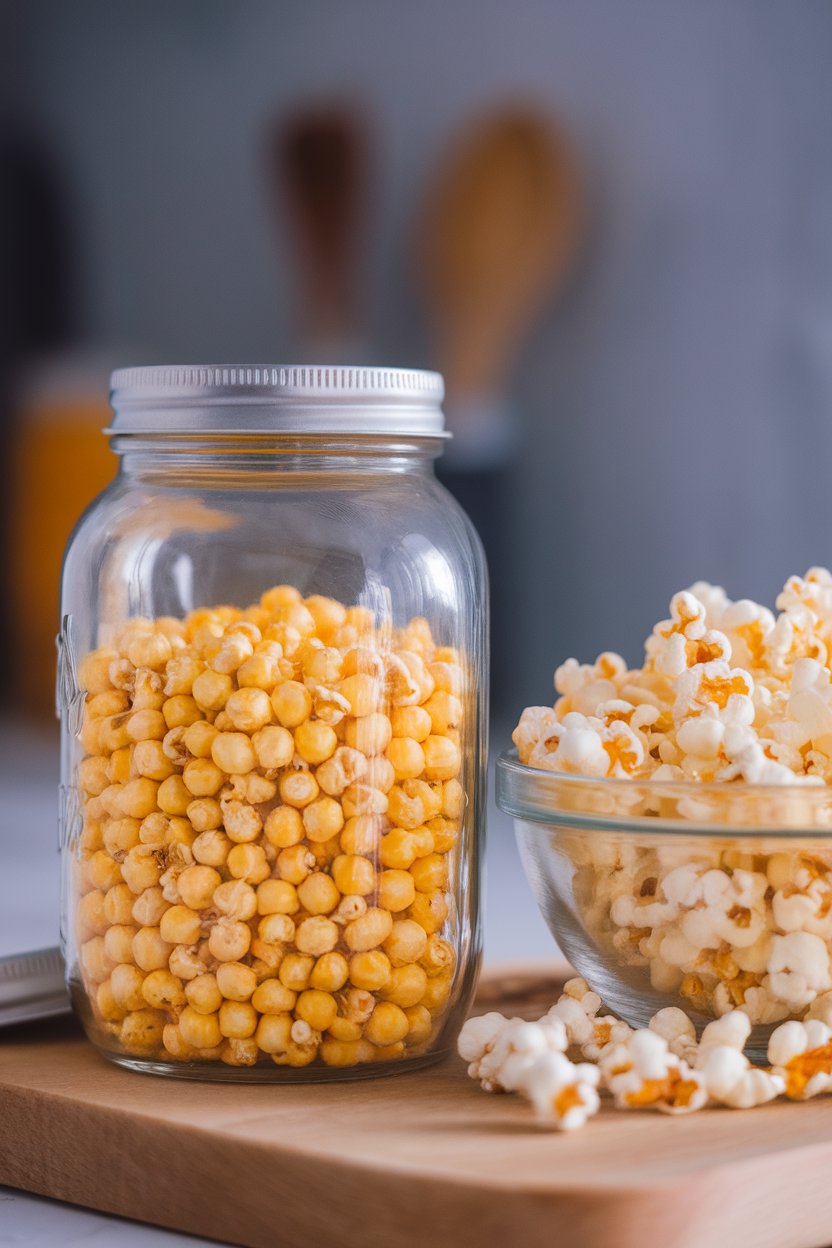 Photo of yellow popcorn kernels in a clear jar beside an air-popped bowl indoors, no text or logos